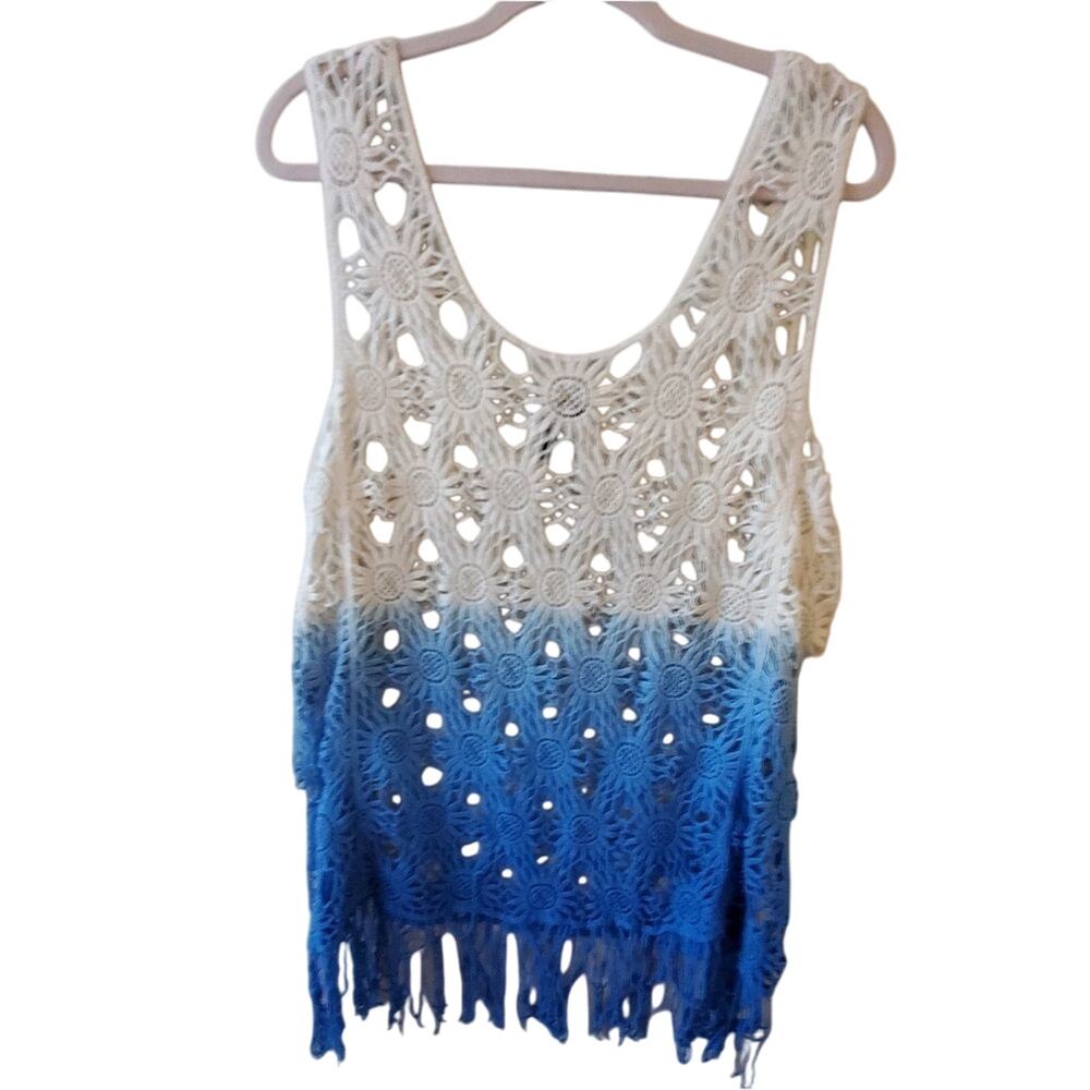 Deb Womens 3X Crochet Tank Top Ombre Blue White Sunflower Fringe Boho Sleeveless